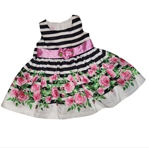 Jessica Ann Black and White Striped Dress with Pink Floral Design - 12 Months
